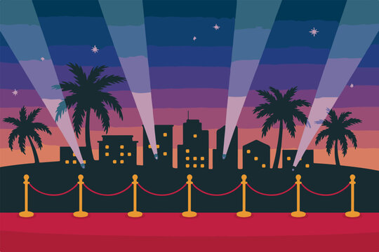 Evening city skyline with hollywood red carpet event including spotlight searchlights palm trees and luxury award ceremony theme.