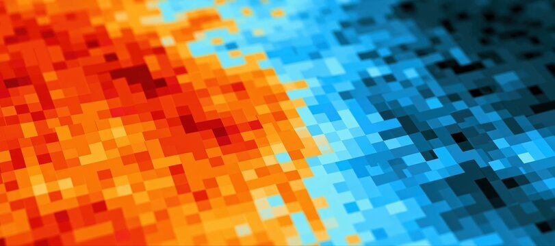 Panoramic abstract heat map with blurred orange and blue squares