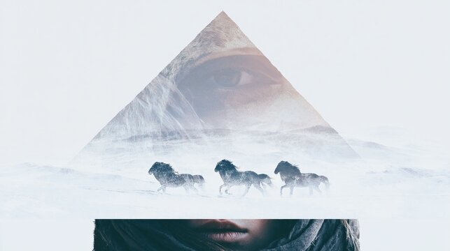 Misty Double Exposure Portrait with Pyramid Shape and Wild Horses in Snow