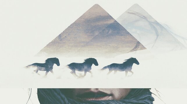Double Exposure Art with Pyramids Galloping Horses and Human Face in Desert Tones