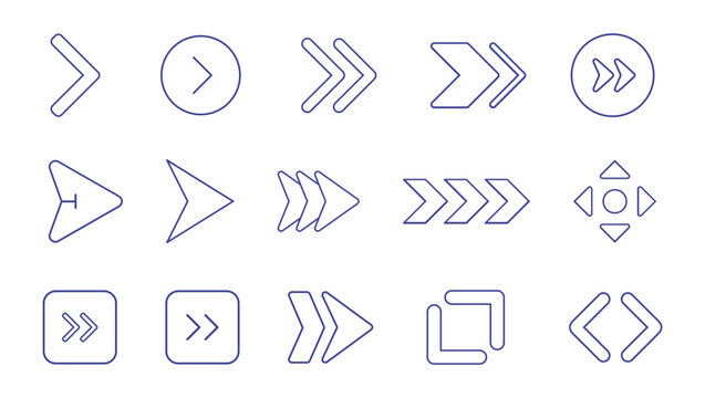 Modern Fast Forward Arrow Icons Set Collection &ndash; Next Navigation Line Symbols, Play Button UI Elements, Multimedia Directional Outline Vector Icons for Web, Mobile App, Interface and Digital Design