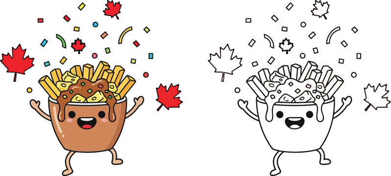 Kawaii Poutine Bowl Mascot Celebration with Maple Leaves and Confetti Color and Line Art Coloring Page Vector Illustration