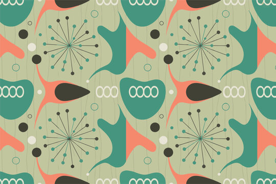 Mid century modern pattern featuring retro atomic starburst shapes and abstract organic forms on muted green background tile.