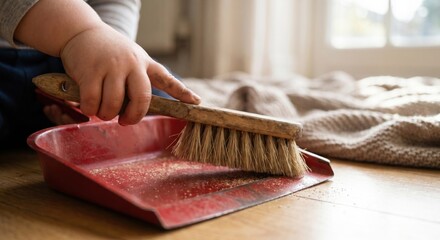 Obraz premium Toddler using wooden brush and red dustpan to sweep sawdust