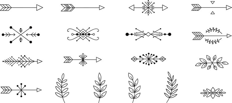 Boho arrow dividers and floral ornaments set, geometric tribal line separators, minimalist black outline decorative elements, vector