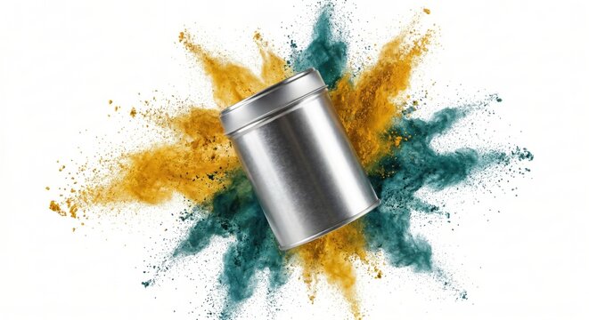 Silver supplement tin in turmeric and spirulina powder blast