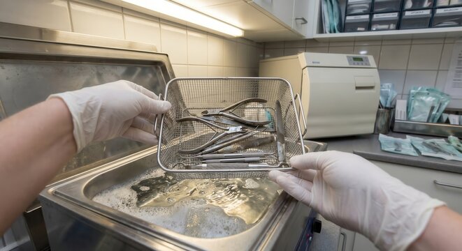 Sterilizing podiatry tools in professional ultrasonic cleaner