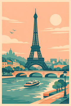 Vintage Mid Century Modern Paris Travel Poster with Eiffel Tower and Seine River