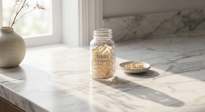 NMN Longevity supplement bottle on marble vanity in morning light