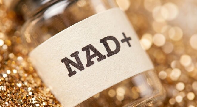 NAD+ supplement glass vial with golden glitter background