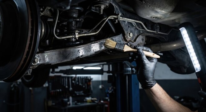 Mechanic applying anti-rust wax to car suspension components