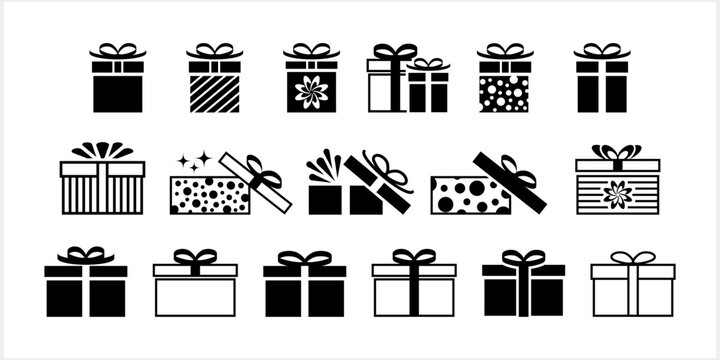 Birthday gift box set icon Cartoon stencil clipart collection Sale shop stencil Vector stock illlustration