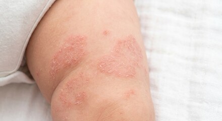 Naklejka premium Close up of baby thigh with red scaly eczema patches
