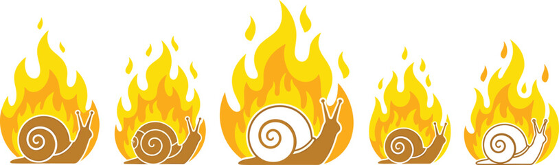 Burning snail mascot character set, cute cartoon snail on fire with flames, funny hot speed concept clipart collection, vector illustration © Amazing2026