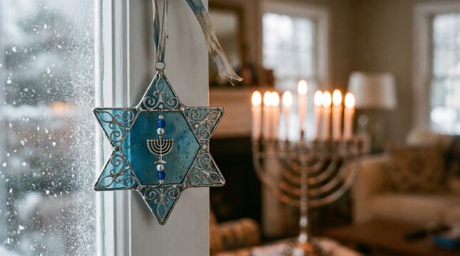 Hanukkah star decoration hanging on a window with a lit menorah in a cozy living room background for Jewish holiday celebration and winter religious traditions concept