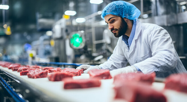 Man in lab coat inspecting meat products on a factory conveyor belt