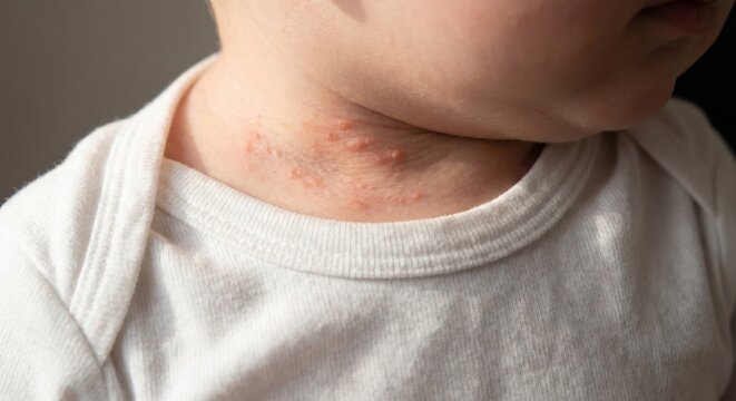 Infant heat rash on neck with red bumps