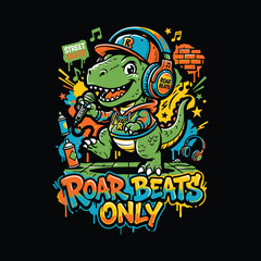 Cool T-Rex dinosaur wearing headphones singing with a microphone illustration Design © MdAnisul