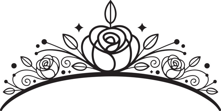 Black and white floral crown tiara illustration for wedding invitation or hair accessory logo isolated on a transparent background.