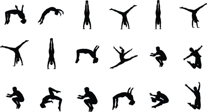 Gymnast and acrobatic human silhouette collection featuring jumping handstand flipping and dance action poses vector set