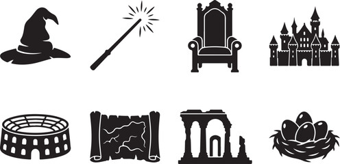 Fantasy icons, magic symbols, black vector set, 8 elements, white background © Nayeem