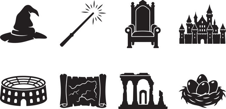Fantasy icons, magic symbols, black vector set, 8 elements, white background
