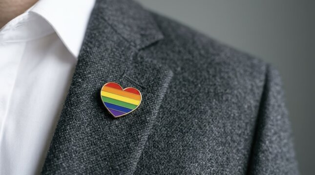 Close up of a rainbow heart pin attached to a professional grey suit jacket lapel