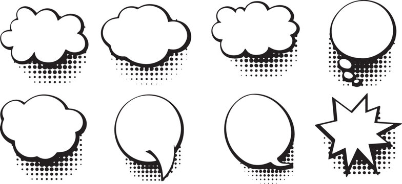 Comic speech bubble set with halftone shadow effect. Retro cartoon dialog cloud collection in pop art style. Vintage vector chat frames for comic captions, stickers and graphic design.