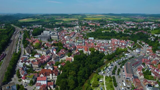 Aerial view of the old part of the city Backnang in Germany. On a cloudy day in Spring.