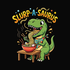 Cute T-Rex Dinosaur Eating Ramen Noodles With Chopsticks Illustration Design © MdAnisul