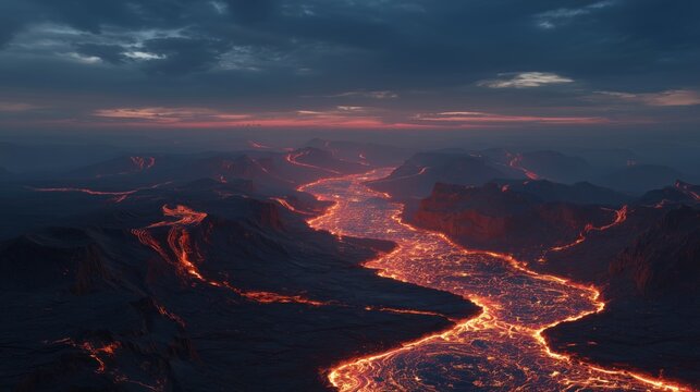 Dramatic volcanic landscape with glowing lava rivers at dusk