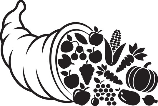 A cornucopia, also known as horn of plenty, food and harvest produce for traditional thanksgiving holiday festival.