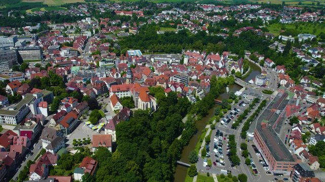 Aerial view of the old part of the city Backnang in Germany. On a cloudy day in Spring.