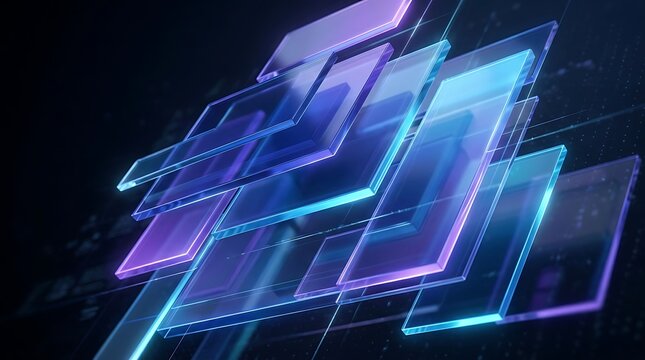 Abstract background with glowing blue and purple transparent glass rectangles floating in dark space creating a modern technology and digital motion effect