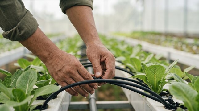 Closeup of a farmers hands adjusting a drip irrigation system in a hydroponic greenhouse