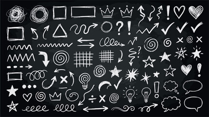 Hand drawn chalkboard doodle icon set with arrows stars hearts and speech bubbles for creative chalk board design projects vector illustration © Kanon Islam