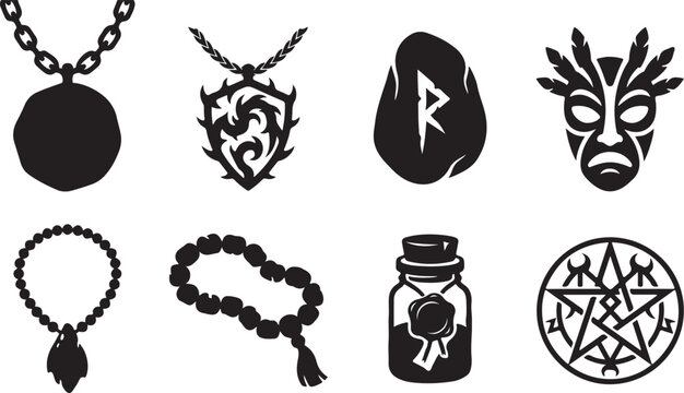 Occult, mystical symbols, black icons, 8 pcs, vector set