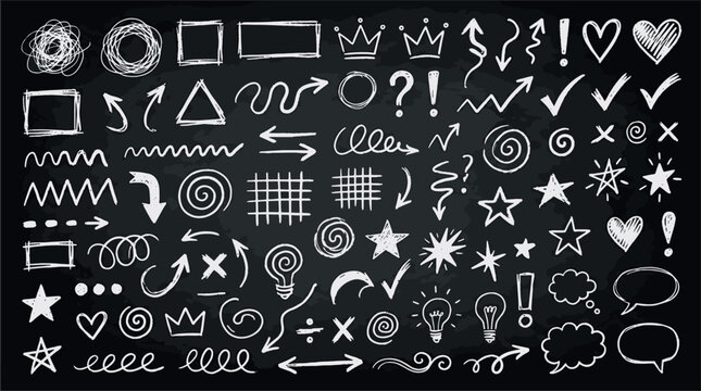Hand drawn chalkboard doodle icon set with arrows stars hearts and speech bubbles for creative chalk board design projects vector illustration
