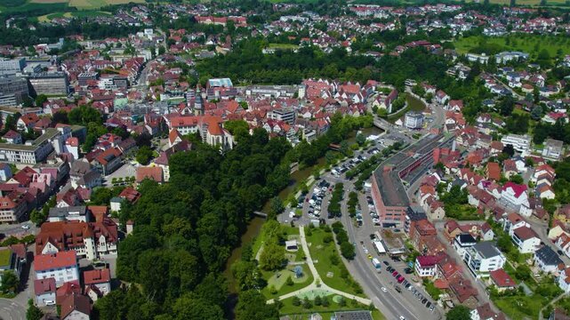 Aerial panorama view of the city Backnang in Germany on a sunny day in spring