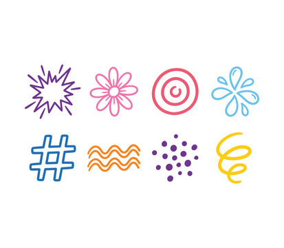 Colorful Hand-Drawn Abstract Decorative Doodle Shapes Set &mdash; Burst, Flower, Hashtag, Wave, Spiral, Dots for Scrapbook Design Vector
