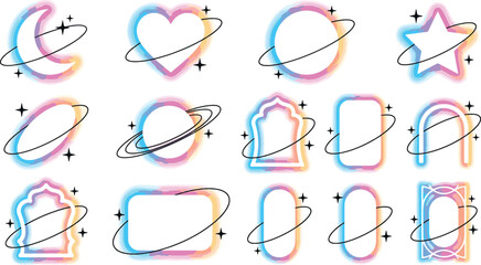 Colorful neon aura cosmic geometric shapes with planetary rings celestial moon heart star and glowing frames aesthetic orbital vector illustration © Kanon Islam