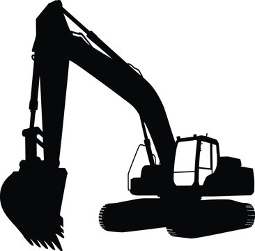Black silhouette of an excavator with extended arm and bucket vector illustration EPS PNG file