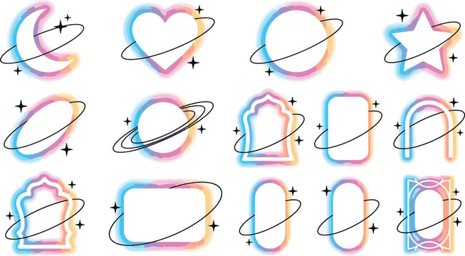 Colorful neon aura cosmic geometric shapes with planetary rings celestial moon heart star and glowing frames aesthetic orbital vector illustration