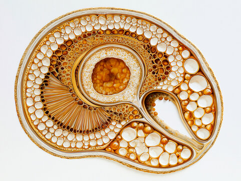 Human renal glomerulus nephron anatomy illustration showing capillary tuft Bowman capsule proximal distal tubule cross sections and vascular pole organization in warm amber gold tones on white backgro