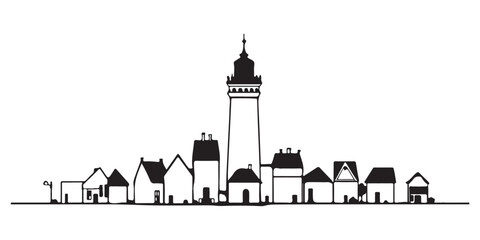 Fototapeta premium Old European Style Village Hand Drawn Sketch Minimal Black Ink Illustration on white background.