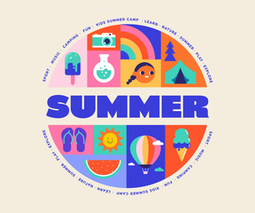 Fototapeta na wymiar Colorful playful kids summer camp round banner template with geometric fun activities icons. Modern summer background illustration.