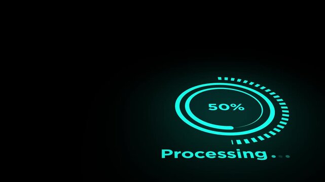 A processing bar icon animation with glow and 0 to 100% loading animation on black background.