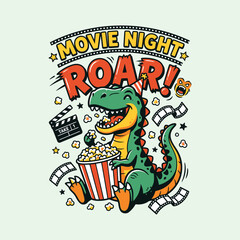 Cute T-Rex Dinosaur Eating Popcorn for a Fun Movie Night Illustration Design © MdAnisul