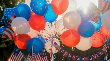 Patriotic Balloons and Flags Celebrate Fourth of July Holiday Outdoors
