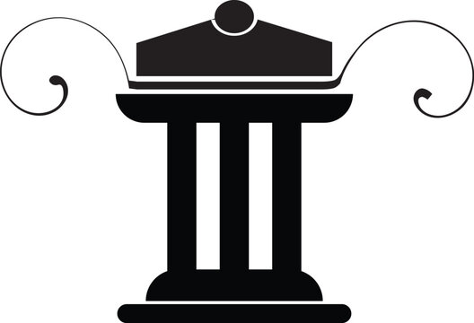 Black pillar icon with ornate scrolls, building